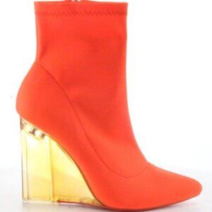 Mystic-2 Neon Orange Fitted Sporty Bootie Clear Lucite Wedge Bootie ( BRAND NEW